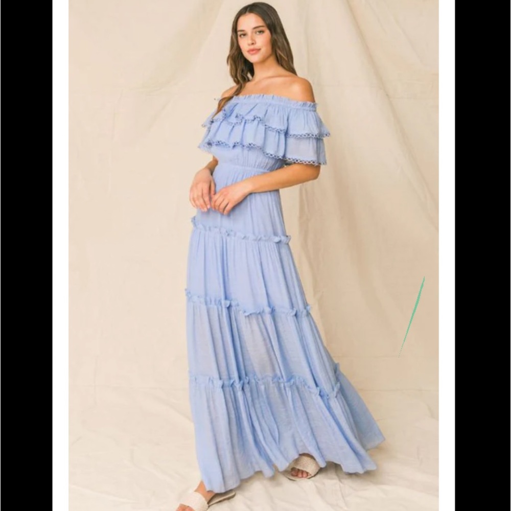Love Colette Off Shoulder Maxi Dress - Light Blue